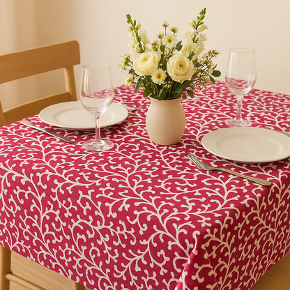 Red Blossom Cotton Table Cover | Floral Print Tablecloth