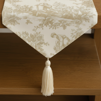 Beige Toile de Jouy Cotton Table Runner | French Print Dining Runner