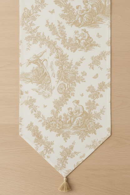 Beige Toile de Jouy Cotton Table Runner | French Print Dining Runner