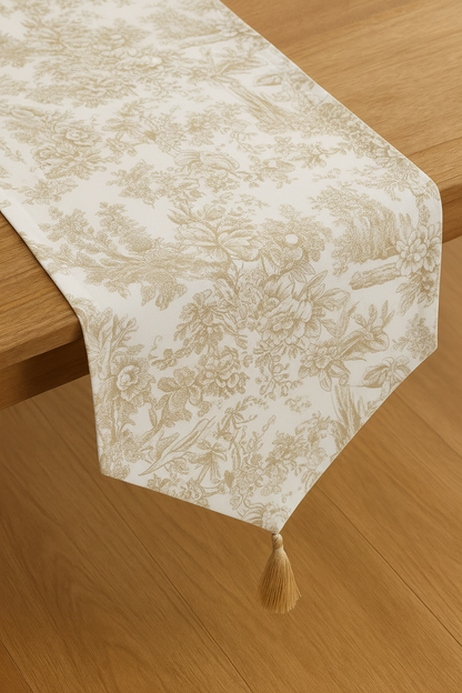 Beige Toile de Jouy Cotton Table Runner | French Print Dining Runner