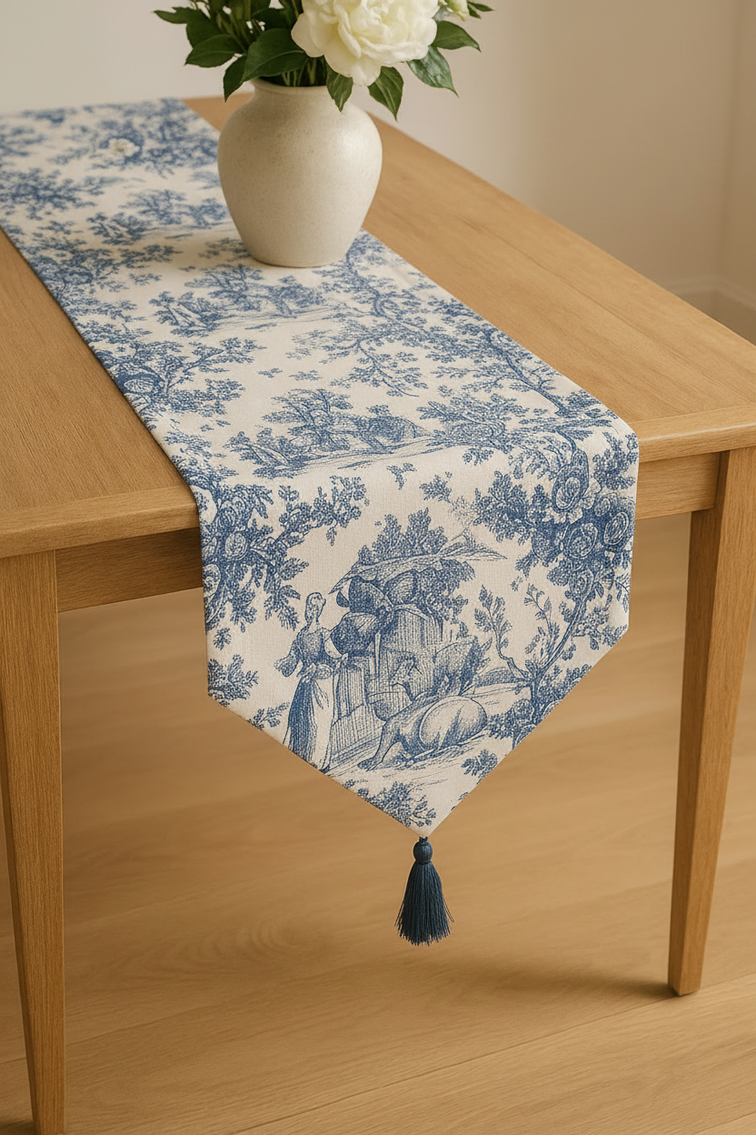 Blue Toile de Jouy Cotton Table Runner | French Print Dining Runner