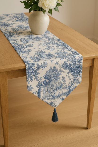 Blue Toile de Jouy Cotton Table Runner | French Print Dining Runner