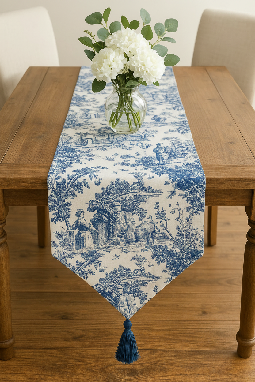 Blue Toile de Jouy Cotton Table Runner | French Print Dining Runner