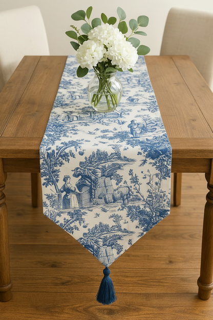 Blue Toile de Jouy Cotton Table Runner | French Print Dining Runner