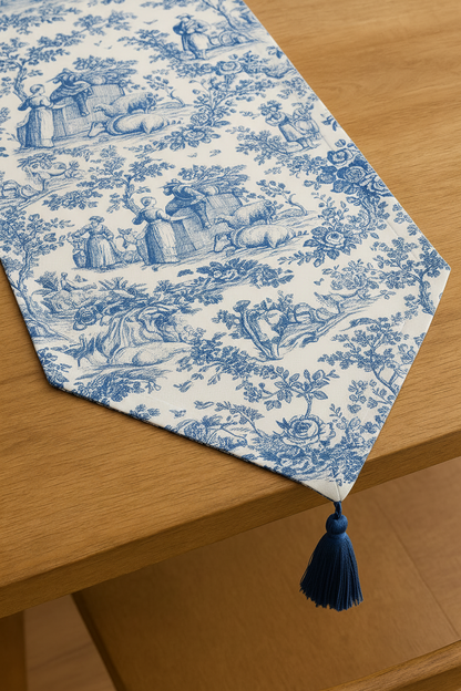 Blue Toile de Jouy Cotton Table Runner | French Print Dining Runner