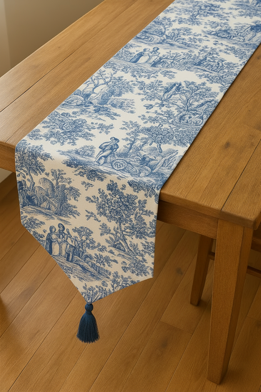 Blue Toile de Jouy Cotton Table Runner | French Print Dining Runner
