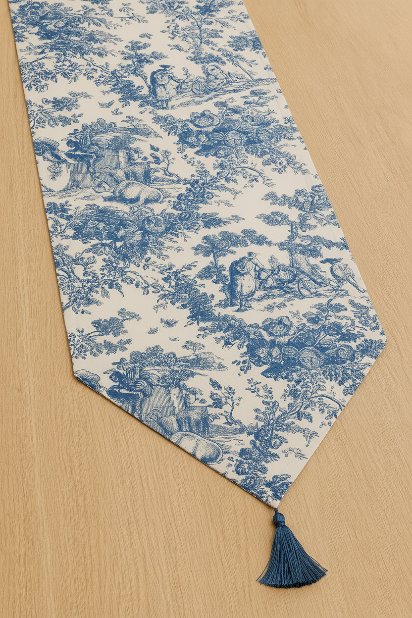 Blue Toile de Jouy Cotton Table Runner | French Print Dining Runner
