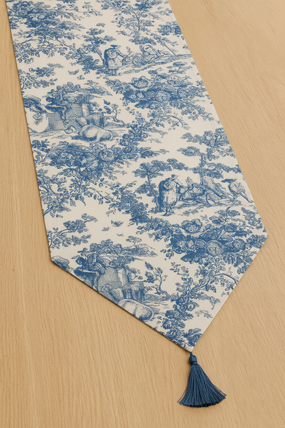Blue Toile de Jouy Cotton Table Runner | French Print Dining Runner