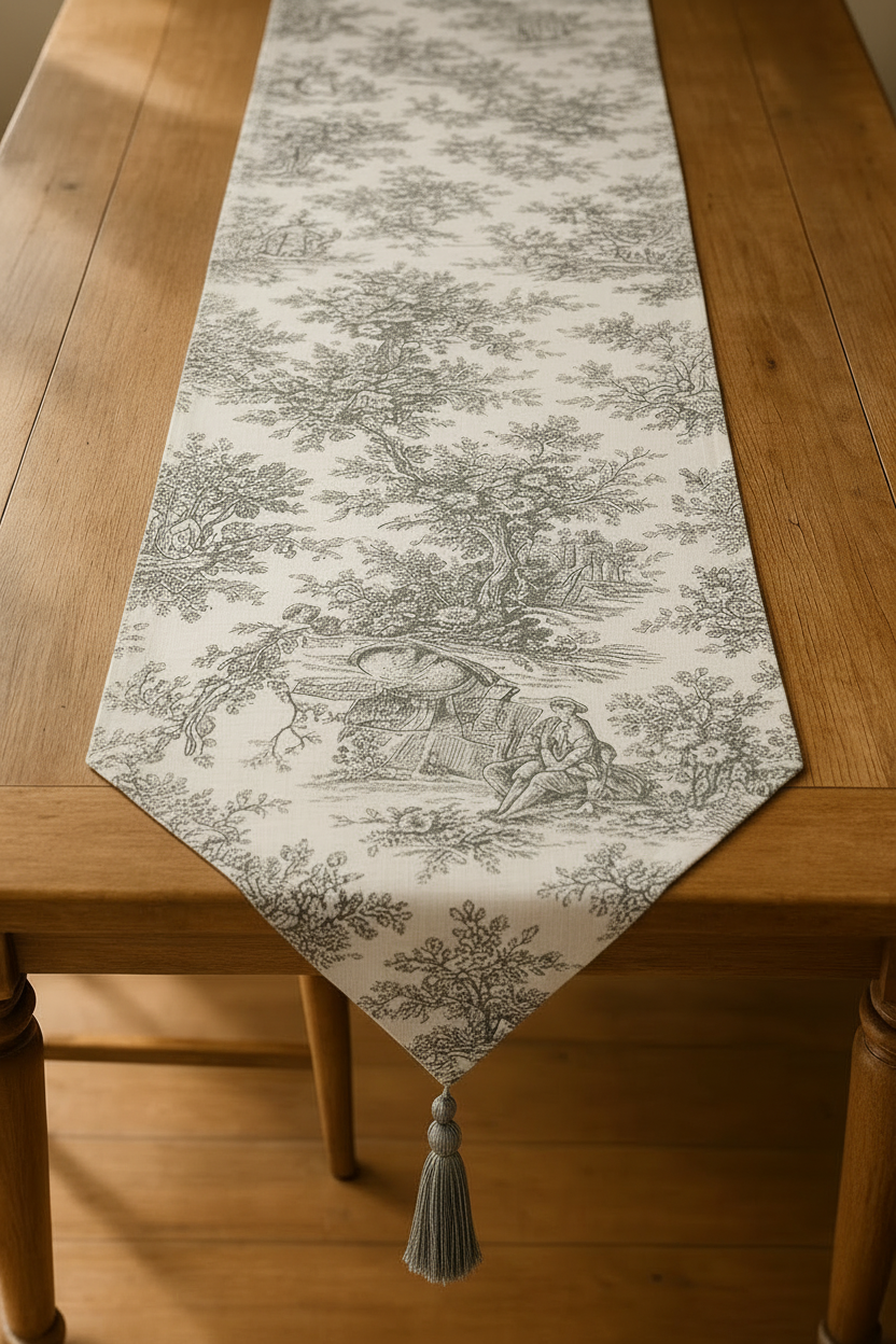 Grey Toile de Jouy Cotton Table Runner | French Print Dining Runner