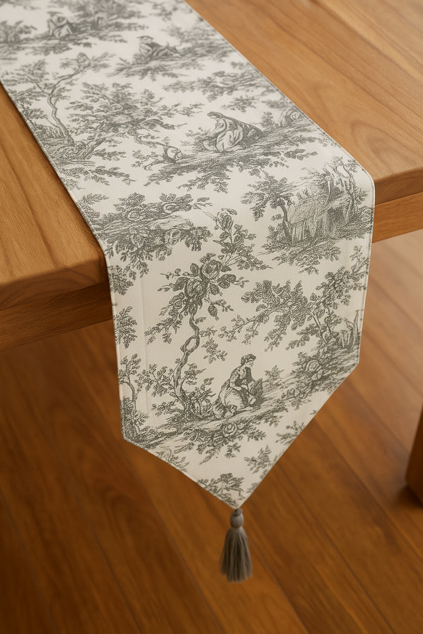 Grey Toile de Jouy Cotton Table Runner | French Print Dining Runner