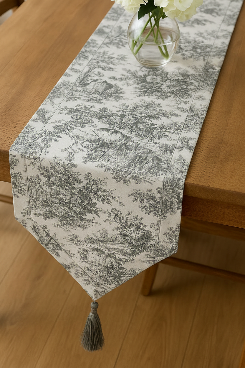 Grey Toile de Jouy Cotton Table Runner | French Print Dining Runner