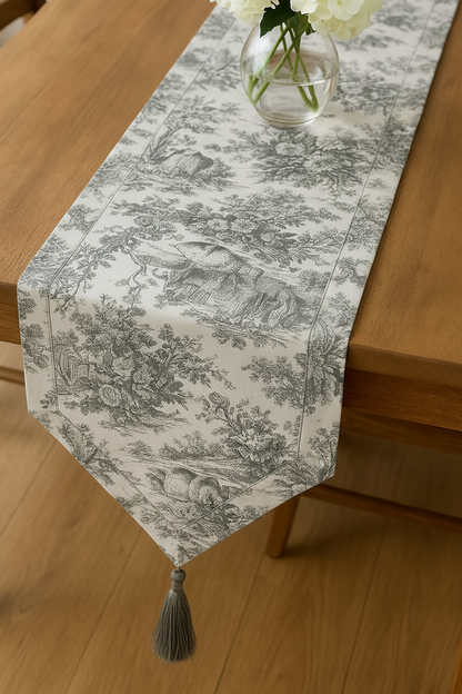 Grey Toile de Jouy Cotton Table Runner | French Print Dining Runner