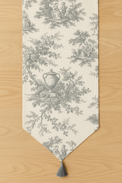 Grey Toile de Jouy Cotton Table Runner | French Print Dining Runner
