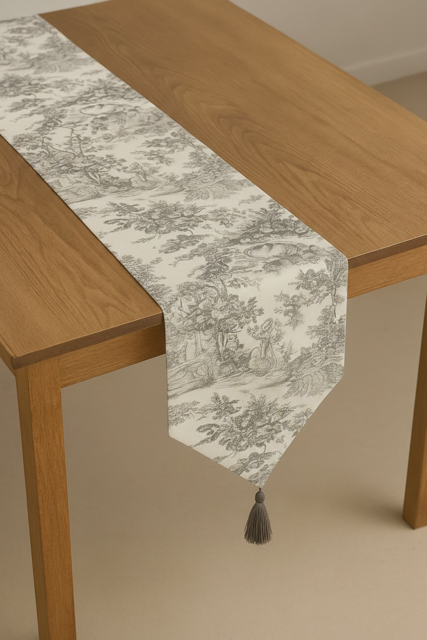 Grey Toile de Jouy Cotton Table Runner | French Print Dining Runner