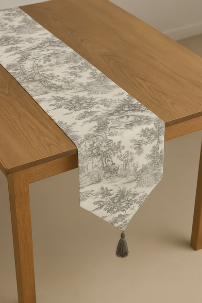 Grey Toile de Jouy Cotton Table Runner | French Print Dining Runner