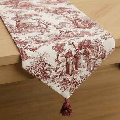 Red Toile de Jouy Cotton Table Runner | French Print Dining Runner