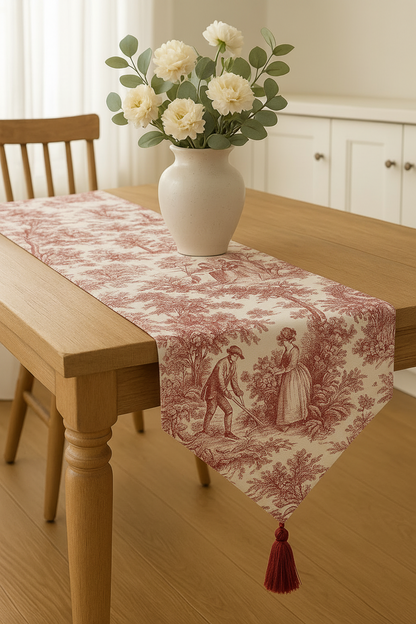 Red Toile de Jouy Cotton Table Runner | French Print Dining Runner