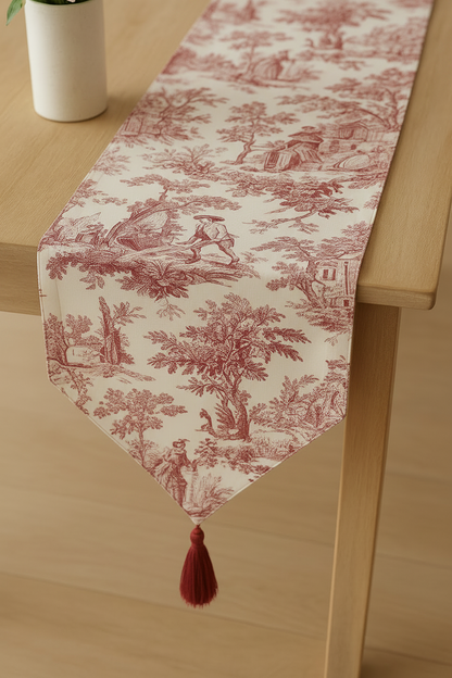 Red Toile de Jouy Cotton Table Runner | French Print Dining Runner