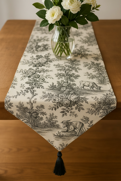 Black Toile de Jouy Cotton Table Runner | French Print Dining Runner