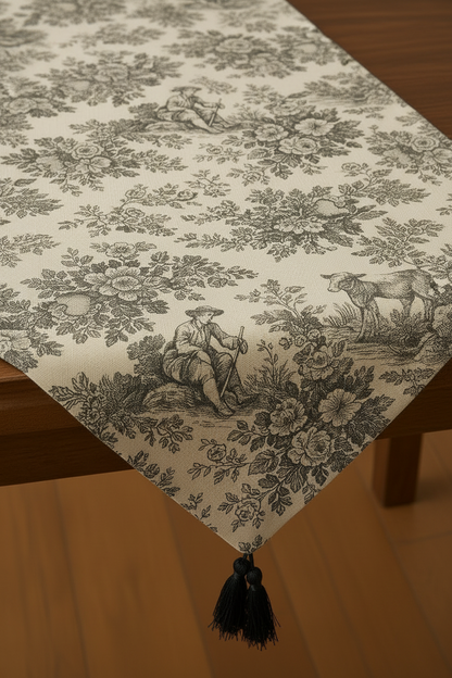 Black Toile de Jouy Cotton Table Runner | French Print Dining Runner