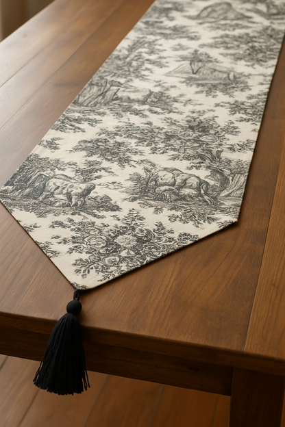 Black Toile de Jouy Cotton Table Runner | French Print Dining Runner