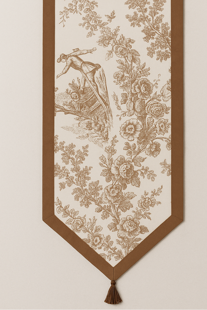 Brown Toile de Jouy Cotton Table Runner | French Print Dining Runner