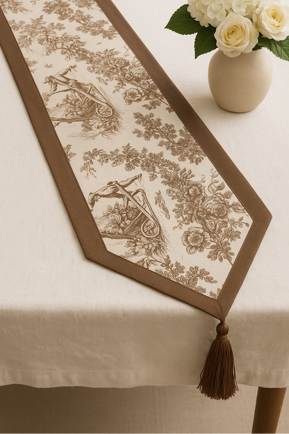 Brown Toile de Jouy Cotton Table Runner | French Print Dining Runner