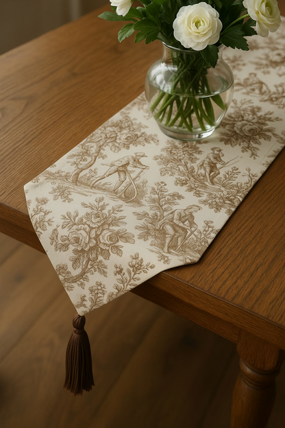 Brown Toile de Jouy Cotton Table Runner | French Print Dining Runner