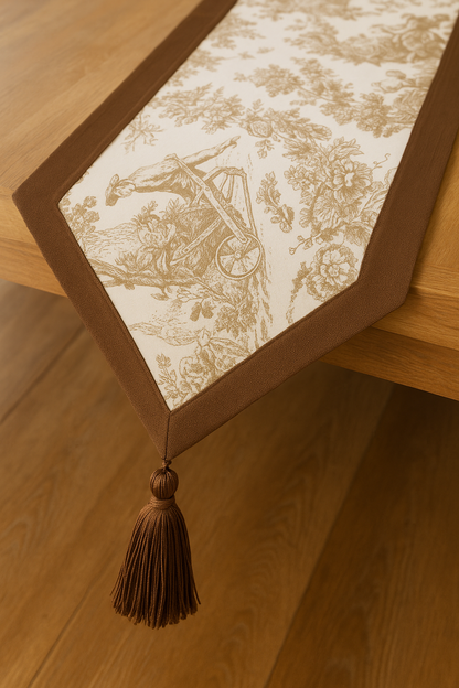 Brown Toile de Jouy Cotton Table Runner | French Print Dining Runner