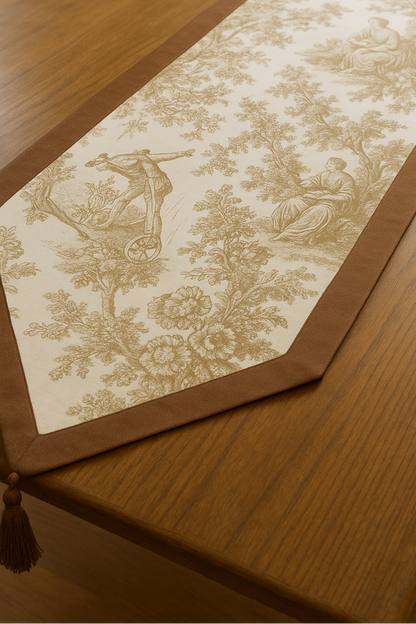 Brown Toile de Jouy Cotton Table Runner | French Print Dining Runner