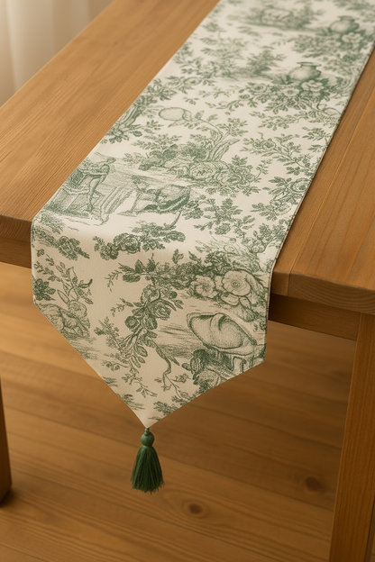 Green Toile de Jouy Cotton Table Runner | French Print Dining Runner