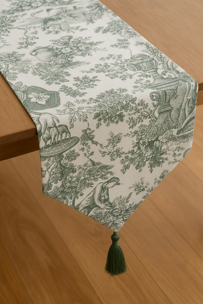 Green Toile de Jouy Cotton Table Runner | French Print Dining Runner