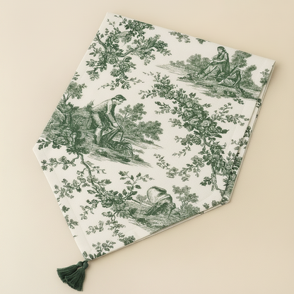 Green Toile de Jouy Cotton Table Runner | French Print Dining Runner