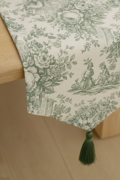 Green Toile de Jouy Cotton Table Runner | French Print Dining Runner
