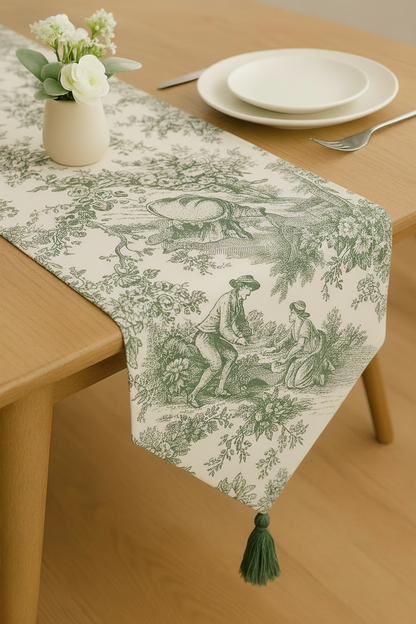 Green Toile de Jouy Cotton Table Runner | French Print Dining Runner