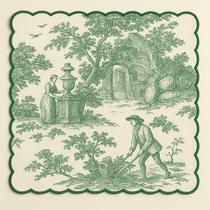 Green Toile de Jouy Hand-Embroidered Scallop Napkins Set of 6 | French Dining