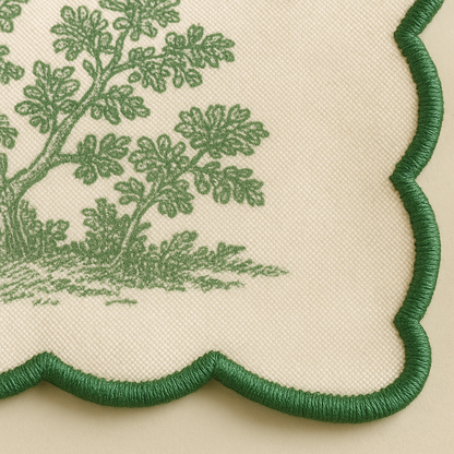 Green Toile de Jouy Hand-Embroidered Scallop Napkins Set of 6 | French Dining