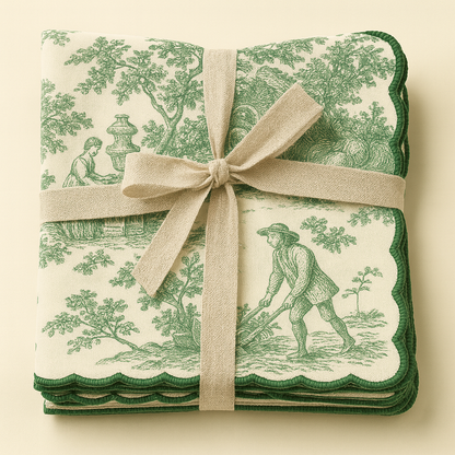 Green Toile de Jouy Hand-Embroidered Scallop Napkins Set of 6 | French Dining