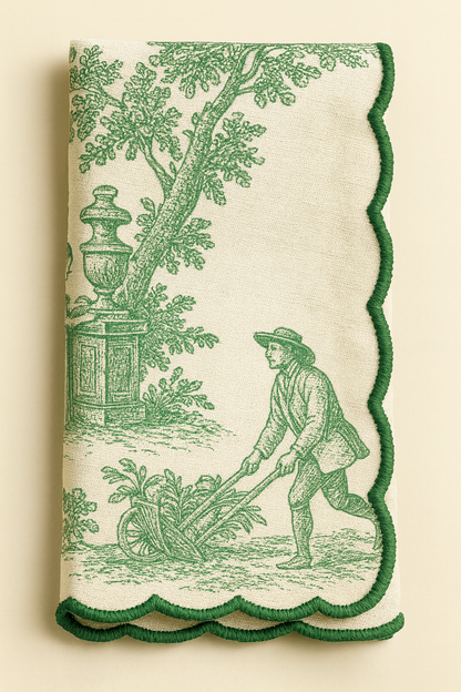Green Toile de Jouy Hand-Embroidered Scallop Napkins Set of 6 | French Dining