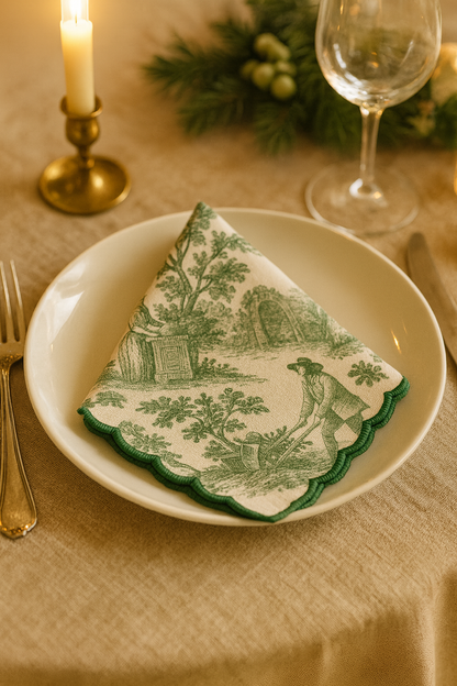 Green Toile de Jouy Hand-Embroidered Scallop Napkins Set of 6 | French Dining