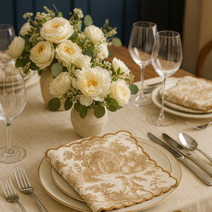 Brown Toile de Jouy Hand-Embroidered Scallop Napkins Set of 6 | French Dining