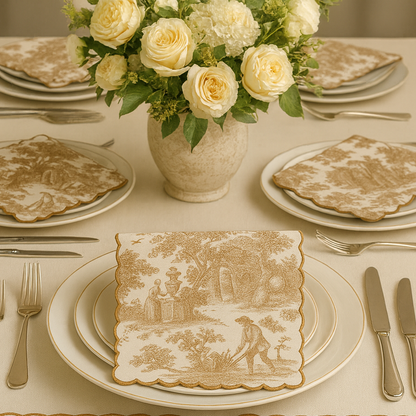 Brown Toile de Jouy Hand-Embroidered Scallop Napkins Set of 6 | French Dining