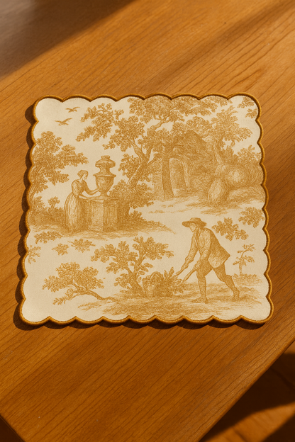 Brown Toile de Jouy Hand-Embroidered Scallop Napkins Set of 6 | French Dining