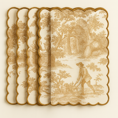 Brown Toile de Jouy Hand-Embroidered Scallop Napkins Set of 6 | French Dining