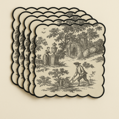 Black Toile de Jouy Hand-Embroidered Scallop Napkins Set of 6 | French Dining