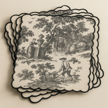 Black Toile de Jouy Hand-Embroidered Scallop Napkins Set of 6 | French Dining