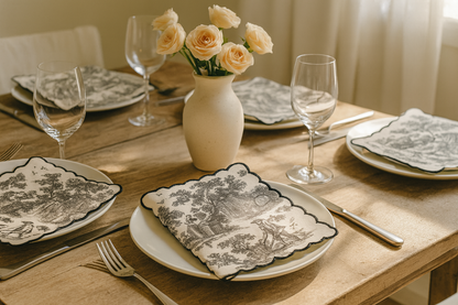 Black Toile de Jouy Hand-Embroidered Scallop Napkins Set of 6 | French Dining