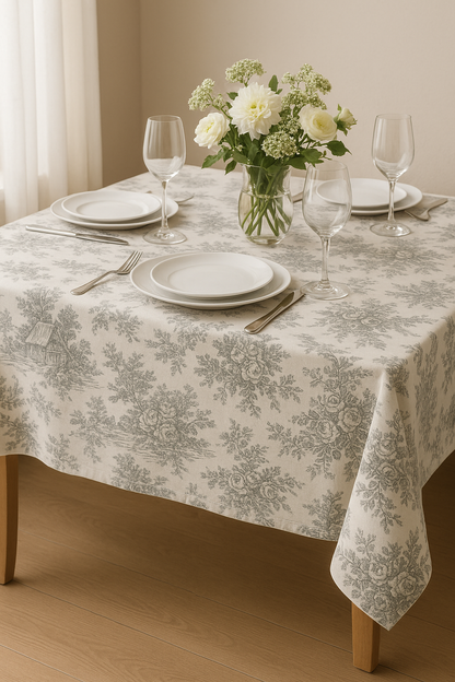 Grey Toile de Jouy Cotton Table Cover - Viraasa luxury French print tablecloth