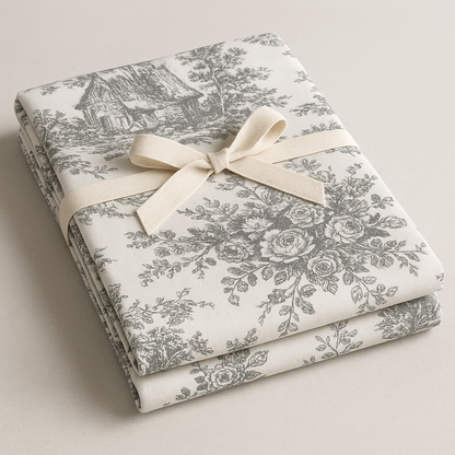 Close-up of Grey Toile cotton tablecloth - Viraasa luxury home
