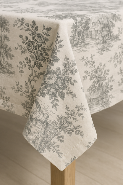 Grey Toile cotton table cover styled on dining table - Viraasa